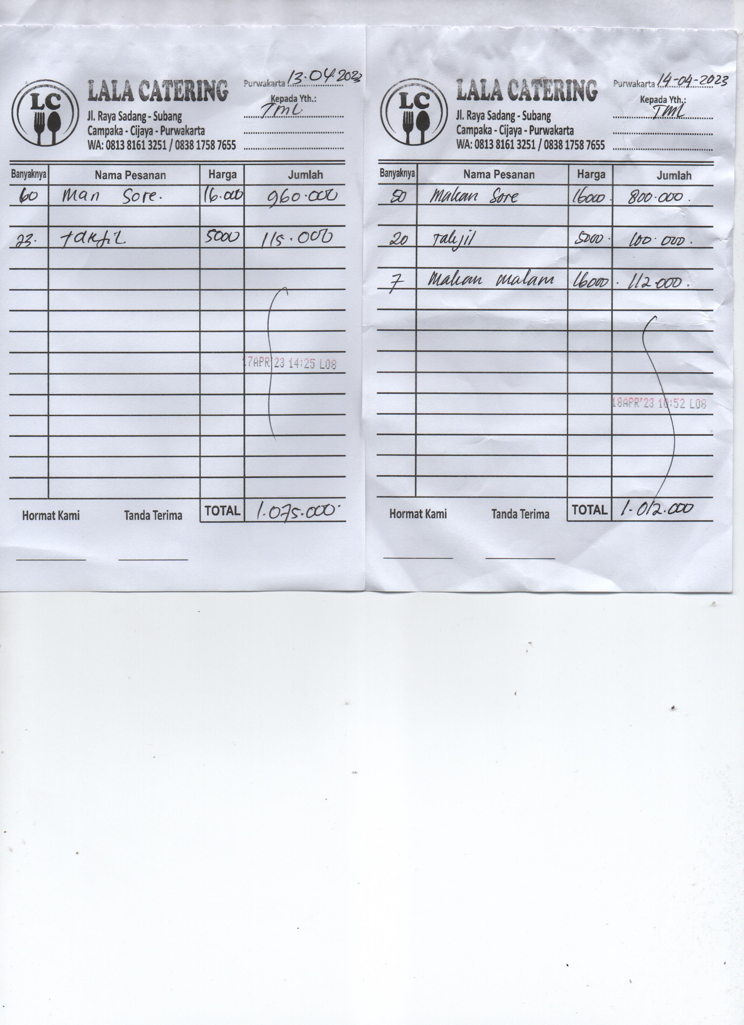 TML - Penyediaan Catering Karyawan Oleh LALA CATERING  & TRI CATERING Bulan April 2023
