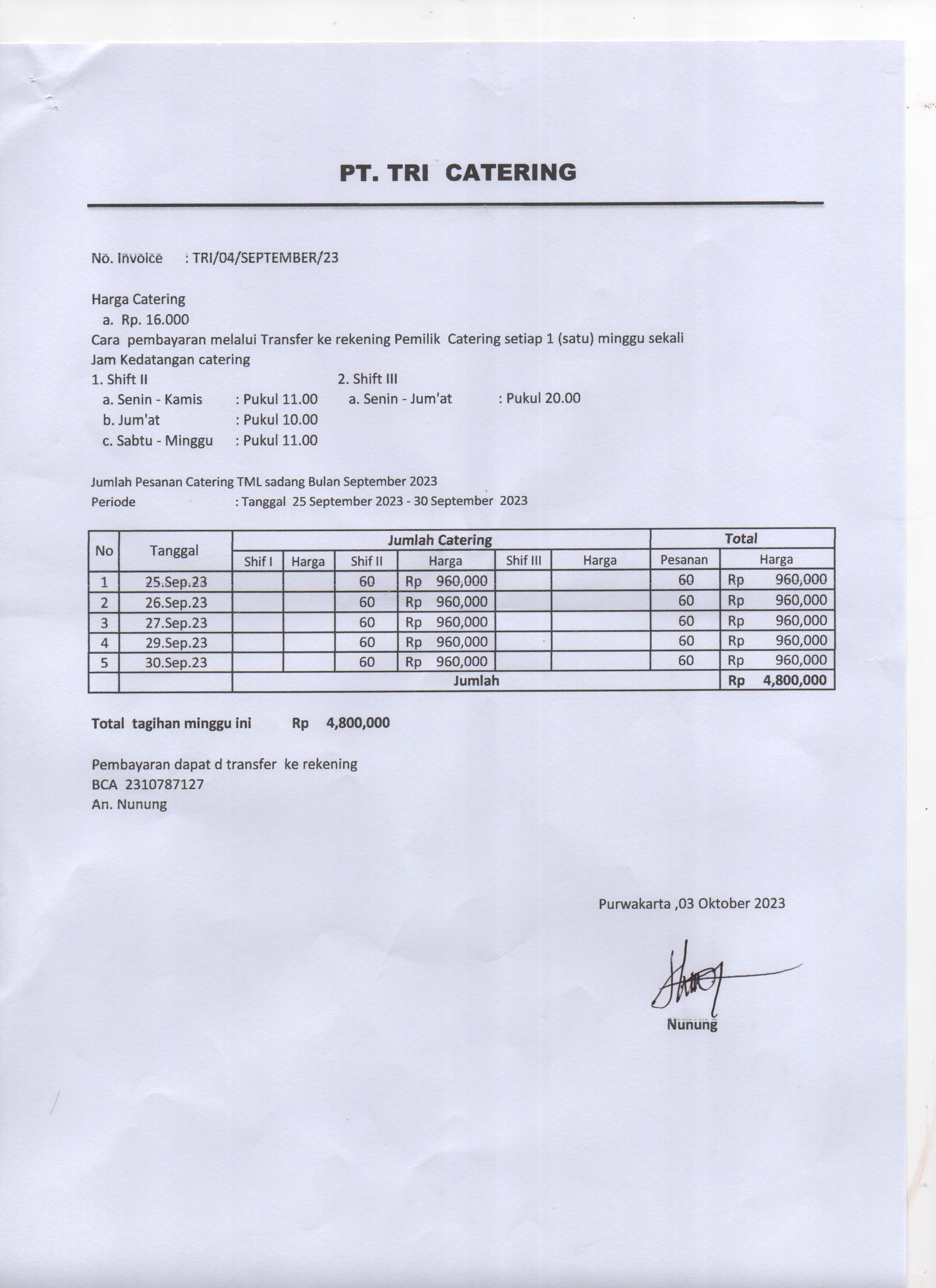 TML - Penyediaan Catering Karyawan Oleh CATERING SALA & TRI CATERING Bulan September  2023