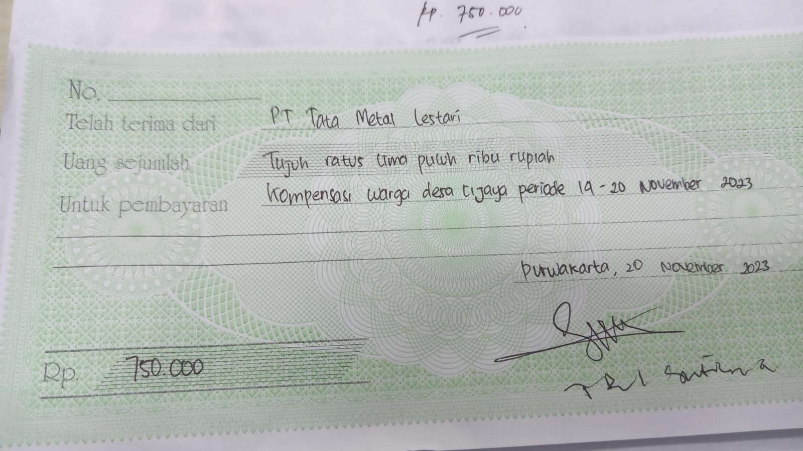 TML - Pemberian kompensasi kepada warga desa cijaya selama tahap project periode 14 - 20 November 2023
