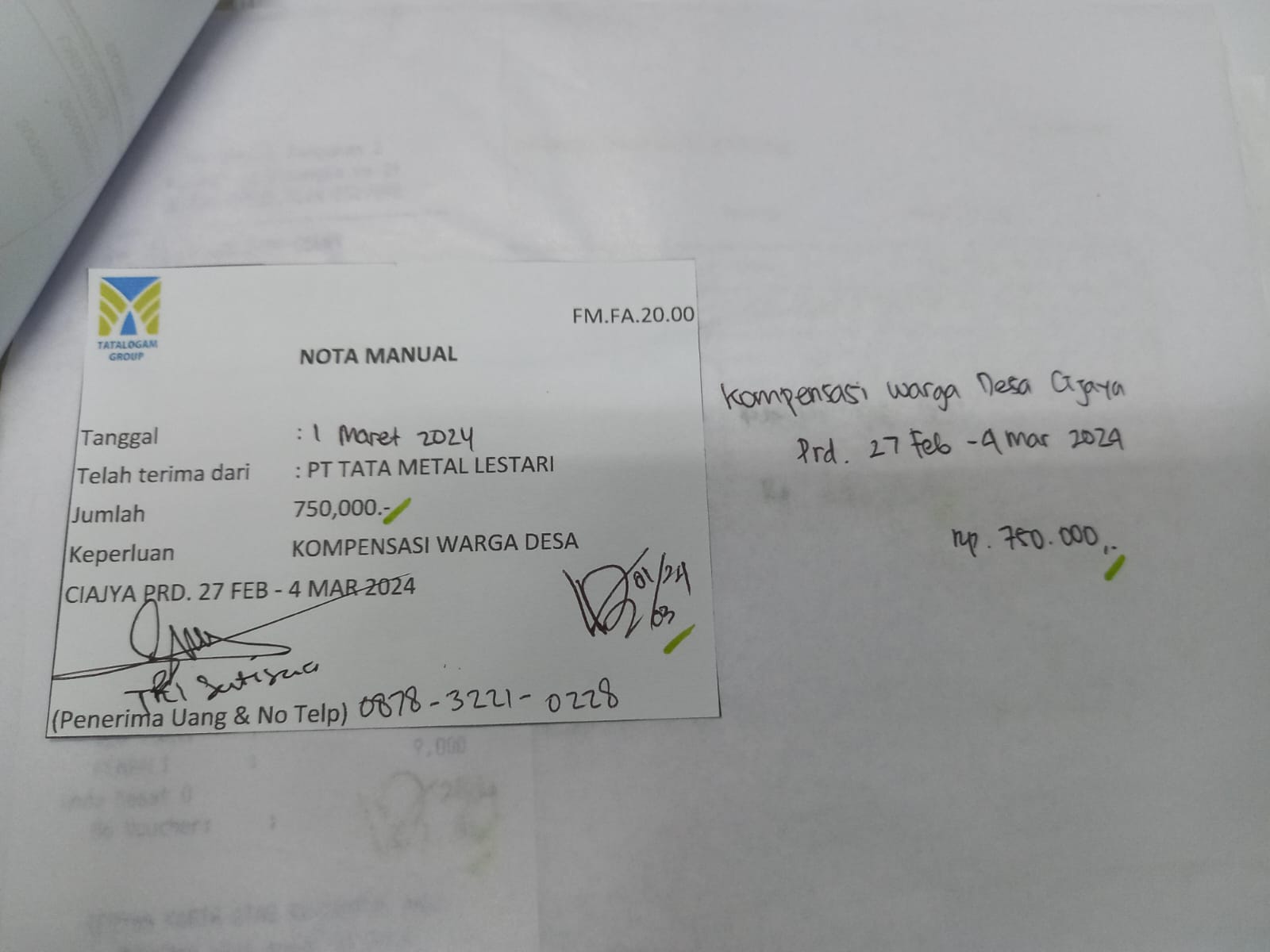 TML - Pemberian kompensasi kepada warga desa cijaya periode 27- Feb - 4 Mar 24