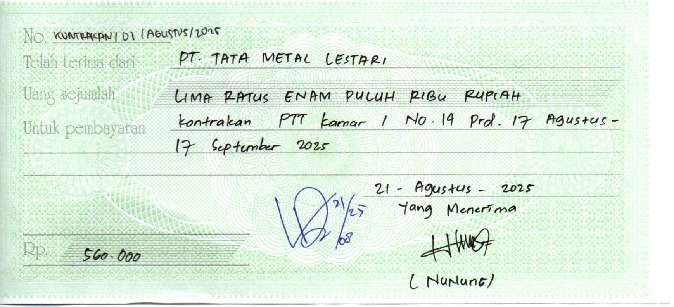 TML - Penyediaan Kontrakan Tukang Kamar 1 Oleh Bu Nunung Periode  17 Agustus - 17September 2025