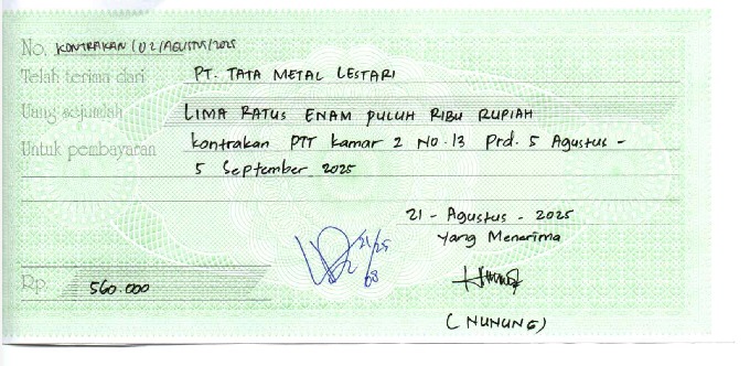 TML - Penyediaan Kontrakan Tukang Kamar 2 Oleh Bu Nunung Periode  5 Agustus - 5 September 2025