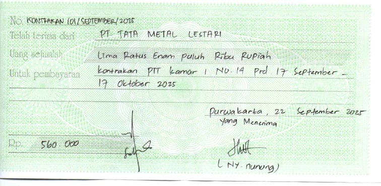 TML - Penyediaan Kontrakan Tukang Kamar 1 Oleh Bu Nunung Periode  17 September - 17 Oktober 2025