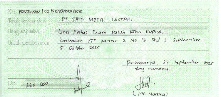 TML - Penyediaan Kontrakan Tukang Kamar 2 Oleh Bu Nunung Periode  5 September - 5 Oktober 2025
