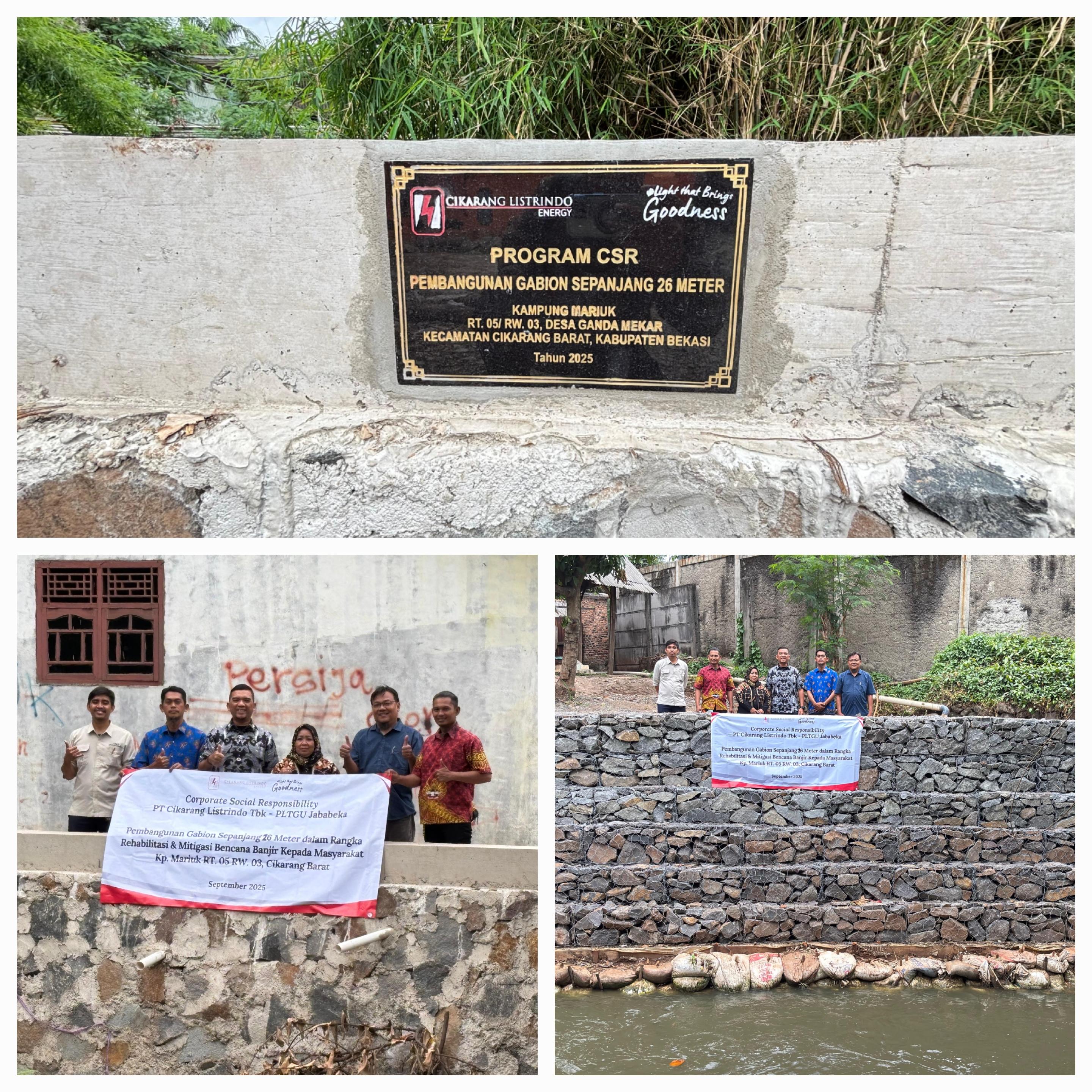 Bantuan Pemasangan Gabion di Sungai Cikarang Area Transmisi PTLGU PT Cikarang Listrindo Tbk di Desa Sukadanau, Kecamatan Cikarang Barat