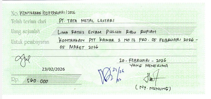 TML - Penyediaan Kontrakan Tukang Kamar 2 Oleh Bu Nunung Periode  5 Februari - 5 Maret 2026