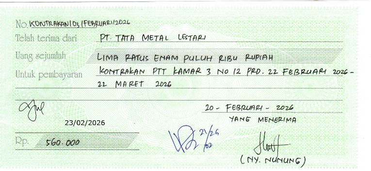 TML - Penyediaan Kontrakan Tukang Kamar 3 Oleh Bu Nunung Periode   22 Februari - 22 Maret  2026