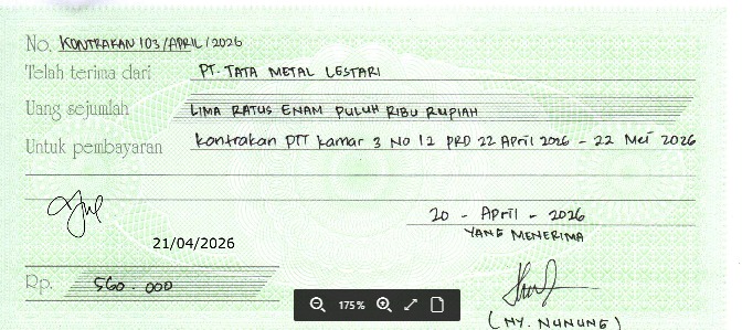TML - Penyediaan Kontrakan Tukang Kamar 3 Oleh Bu Nunung Periode   22 April - 22 Mei 2026