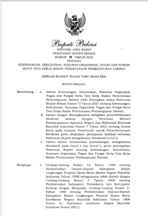 Cover SOTK Bappeda Peraturan Bupati Nomor 35 Tahun 2023 